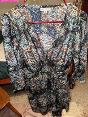 EARTHBOUND Blue and Green Paisley Wrap Dress with Rust Accents